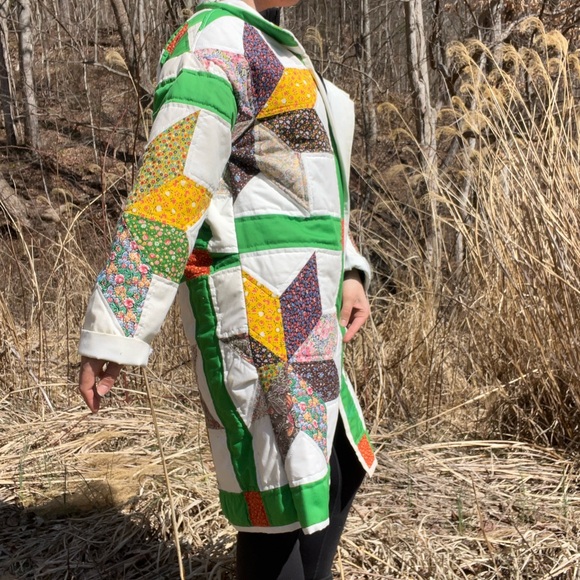 Handmade Star Patchwork Quilt Coat in Bright Green Trim - Picture 7 of 9